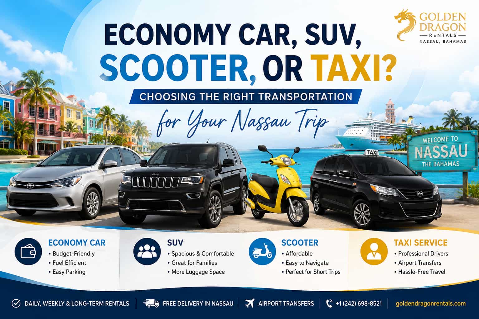 You are currently viewing Economy Car, SUV, Scooter, or Taxi? Choosing the Right Transportation for Your Nassau Trip
