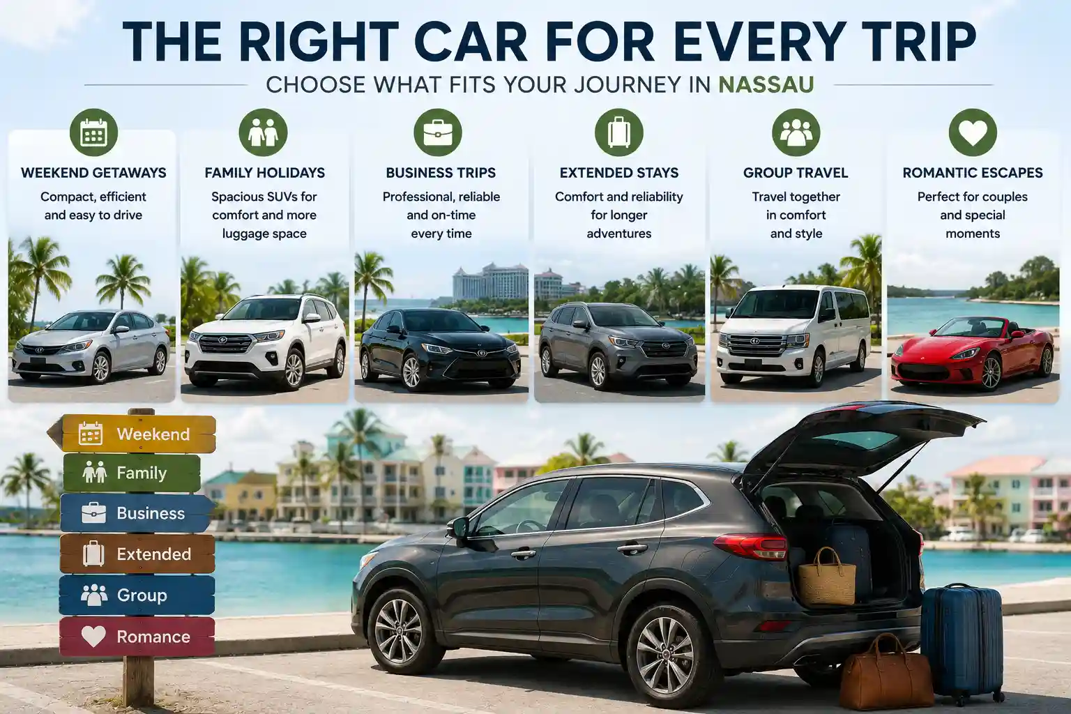 Read more about the article How to Select the Best Rental Car for Different Types of Trips in Nassau